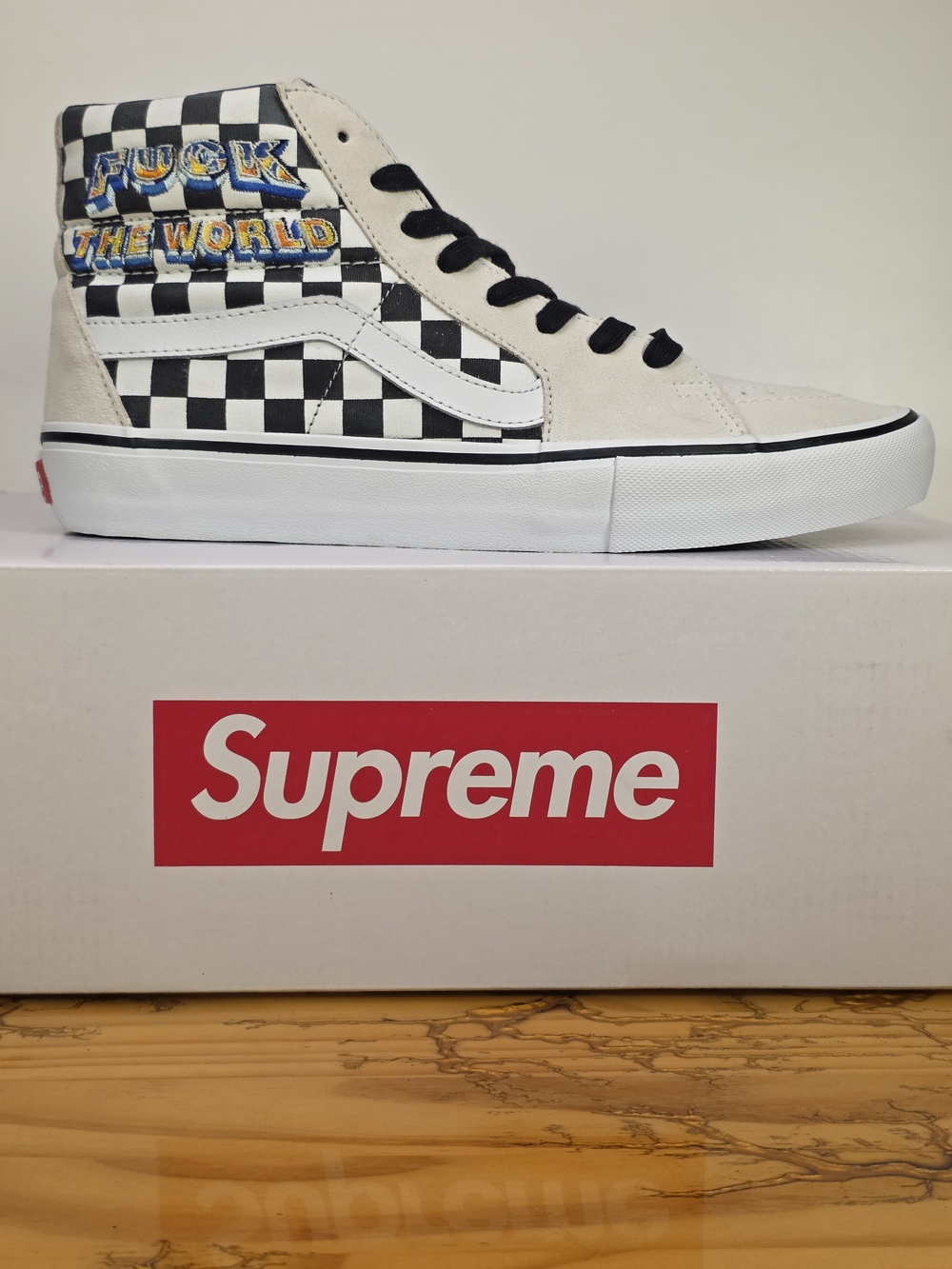 Vans X Supreme Sk8 Hi Pro Fcuk The World White Black Checkers Mens 9.5 New